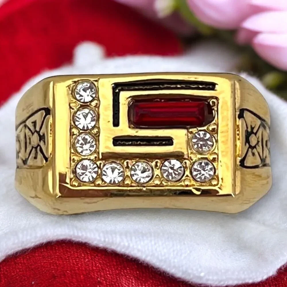 Vintage 1960s Ring Size 7.5 Red Crystal CZ Art Deco Revival Gold Plated - 14Q